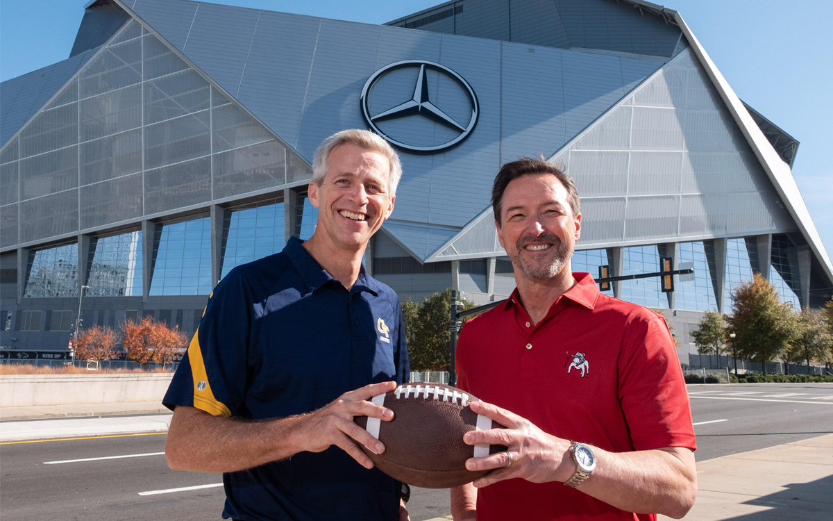 Tim Lieuwen and Chris King in front of Mercedes Benz Stadium
