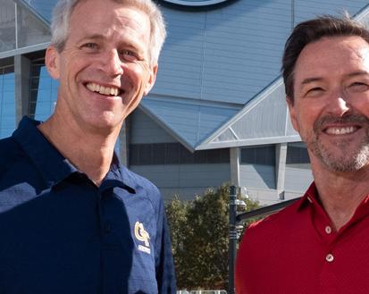 Tim Lieuwen and Chris King in front of Mercedes Benz Stadium
